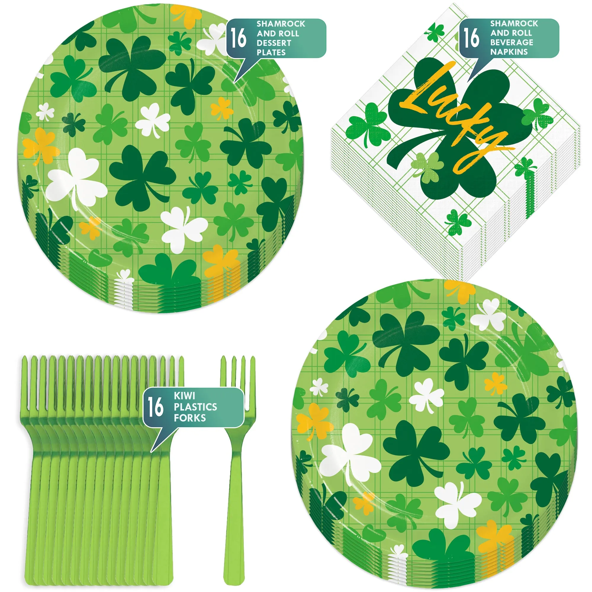 St. Patrick's Day Dark Green & Yellow Shamrock Plates, Beverage Napkins, and Forks