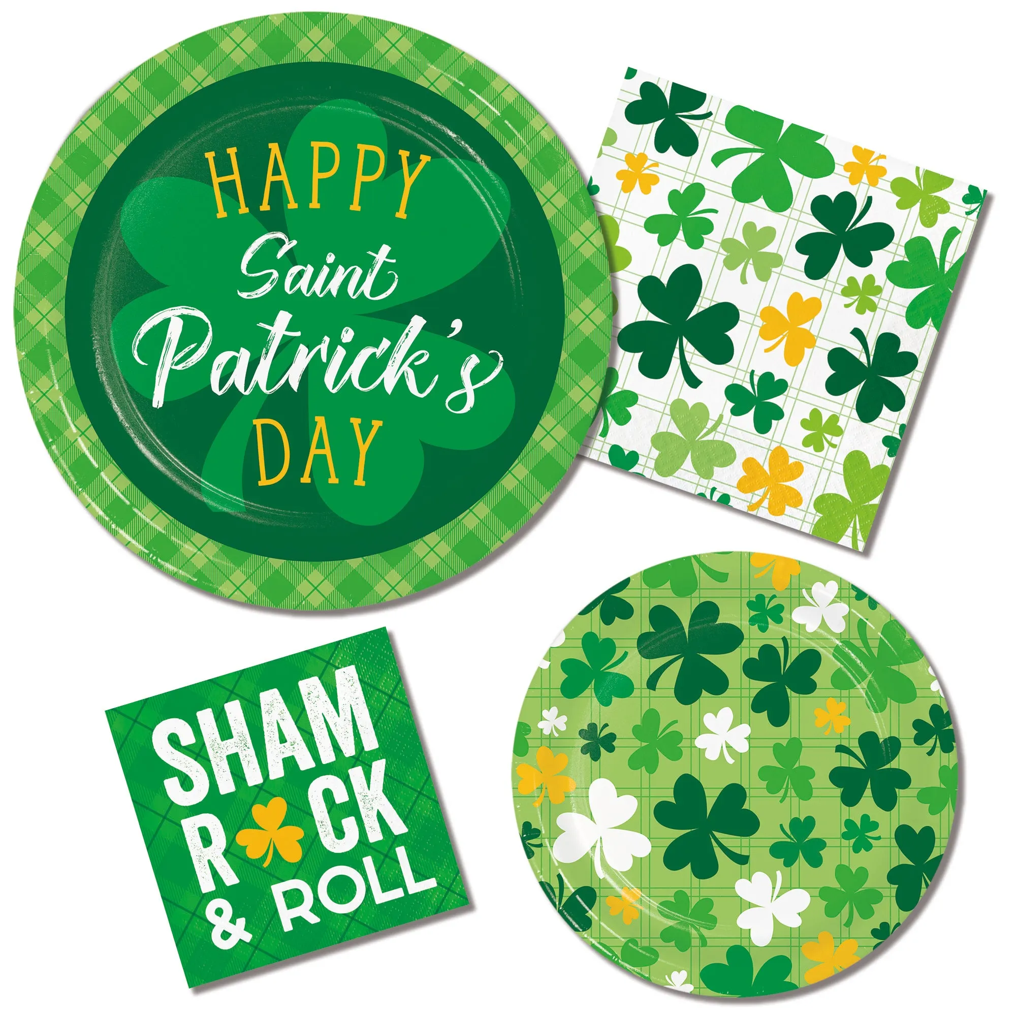 St. Patrick's Day Dark Green & Yellow Shamrock Plates, Beverage Napkins, and Forks