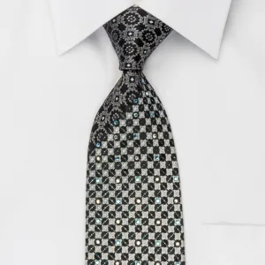 Steve Rino Silk Rhinestone Necktie Silver Geometric On Black With Silver Sparkles