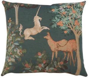 Unicorn and Does Forest Blue French Tapestry Cushion