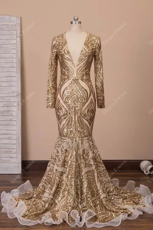 Unique Sequin Gold V-neck Mermaid Dress