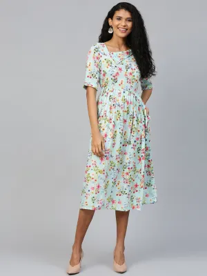 Women Blue Floral Printed Square Neck Viscose Rayon Fit And Flare Dress