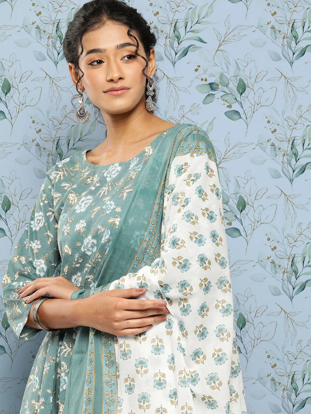 Women Green Floral Printed Anarkali Kurta With Trouser And Dupatta