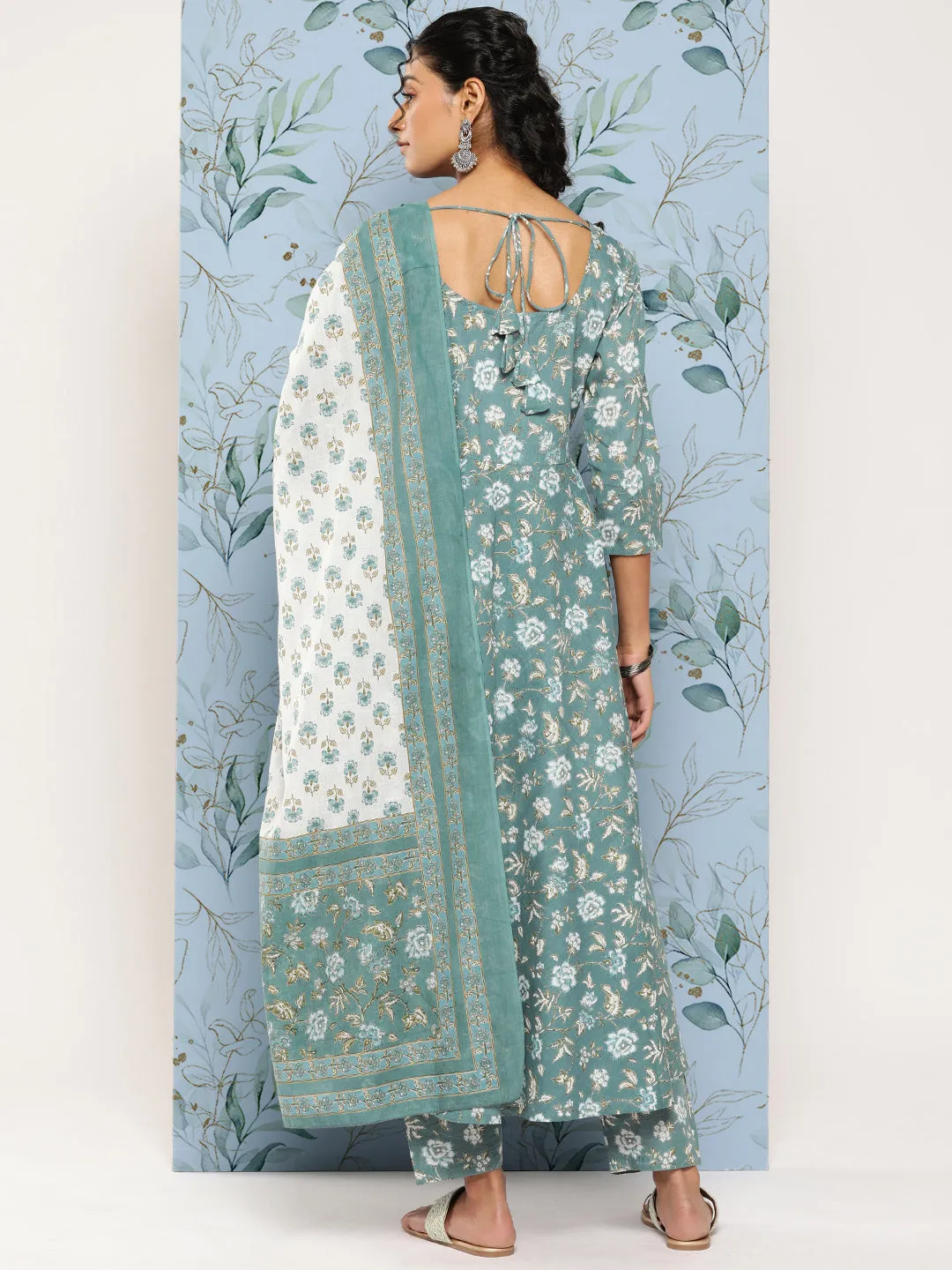 Women Green Floral Printed Anarkali Kurta With Trouser And Dupatta