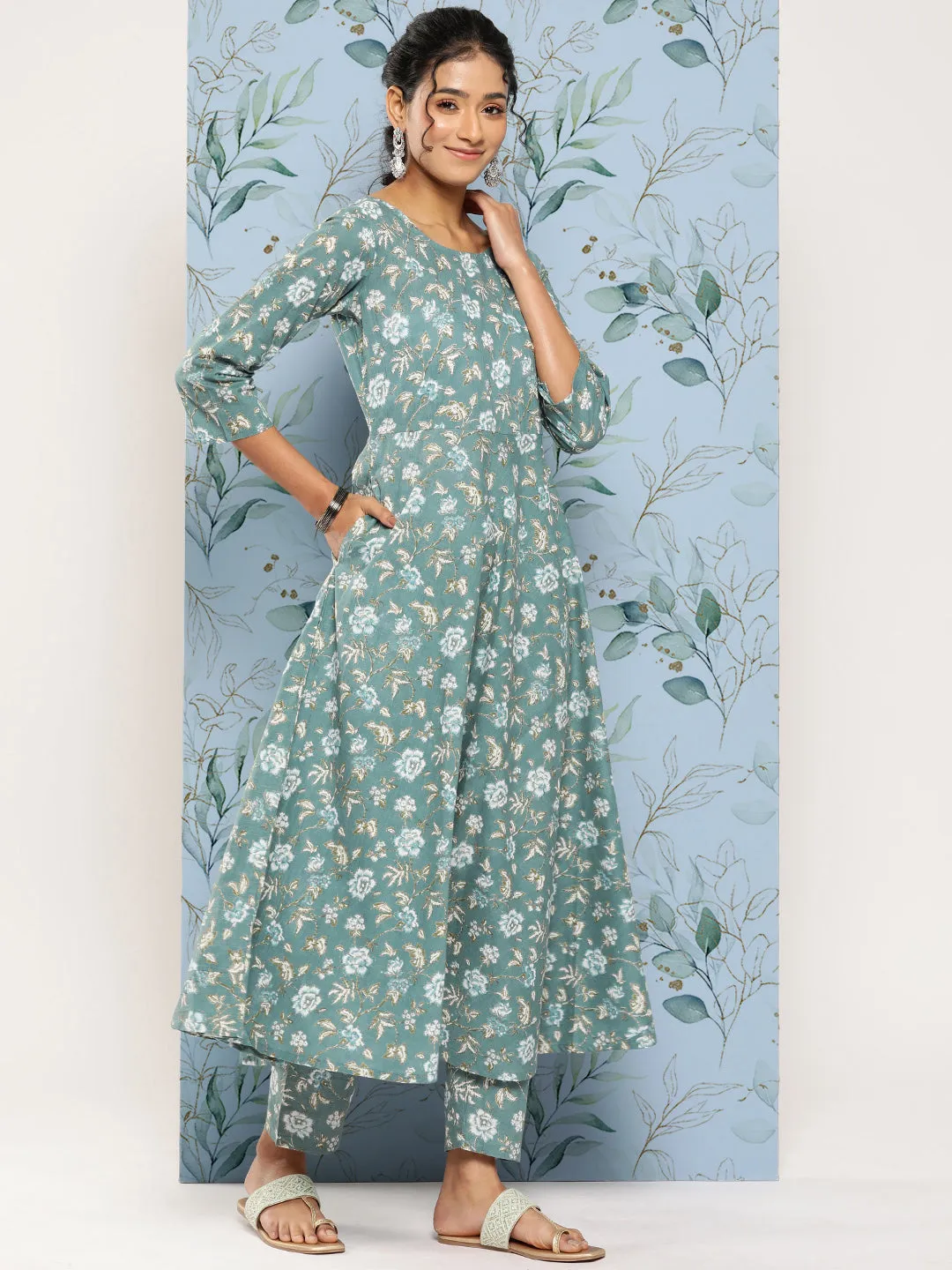 Women Green Floral Printed Anarkali Kurta With Trouser And Dupatta