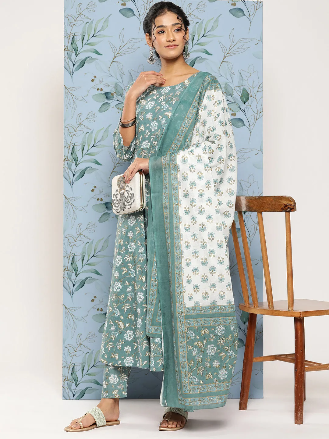 Women Green Floral Printed Anarkali Kurta With Trouser And Dupatta