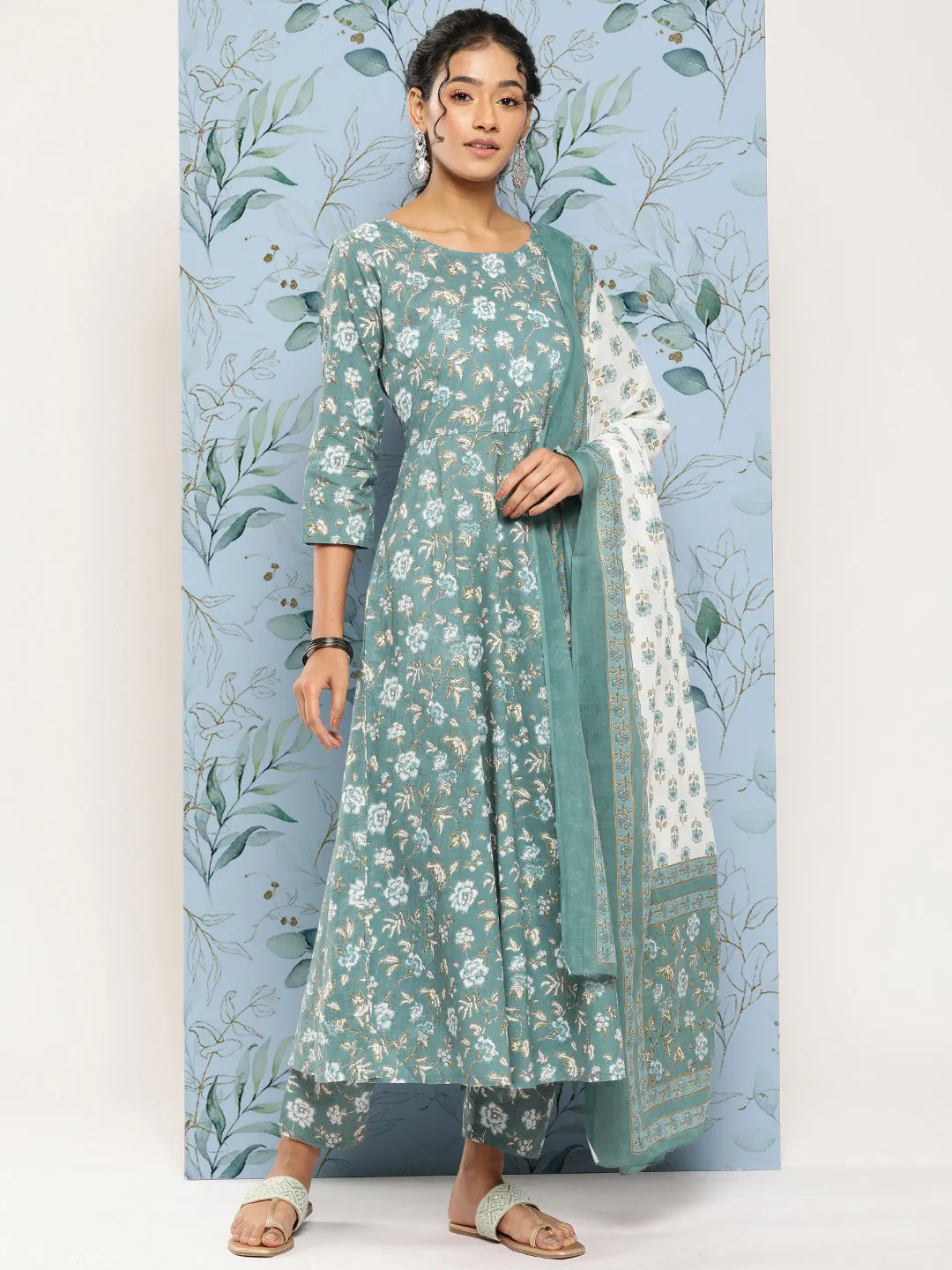 Women Green Floral Printed Anarkali Kurta With Trouser And Dupatta