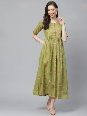 Women Green Floral Printed Round Neck Cotton A-Line Dress