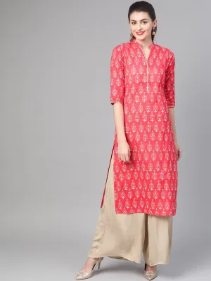 Women Pink & Gold Cotton Straight Floral Printed Kurta