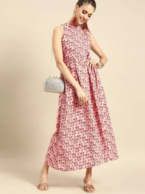 Women Pink Floral Printed Halter Neck A-Line Dress