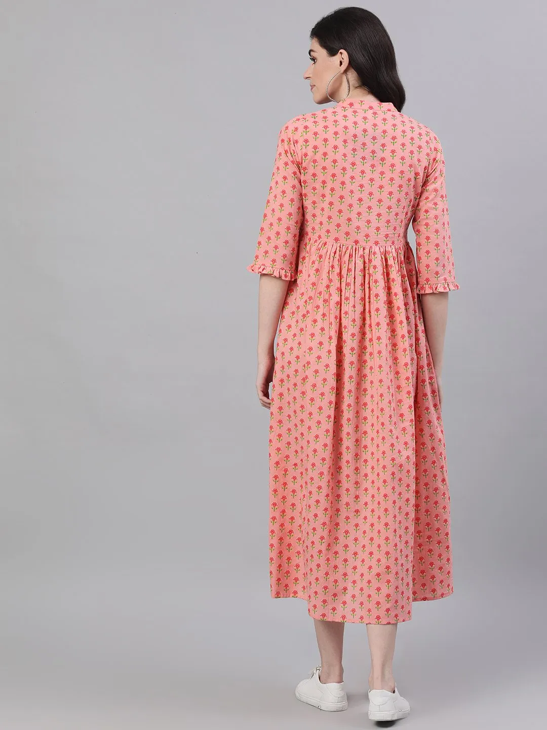 Women Pink Floral Printed Mandarin Collar Cotton Maxi Dress