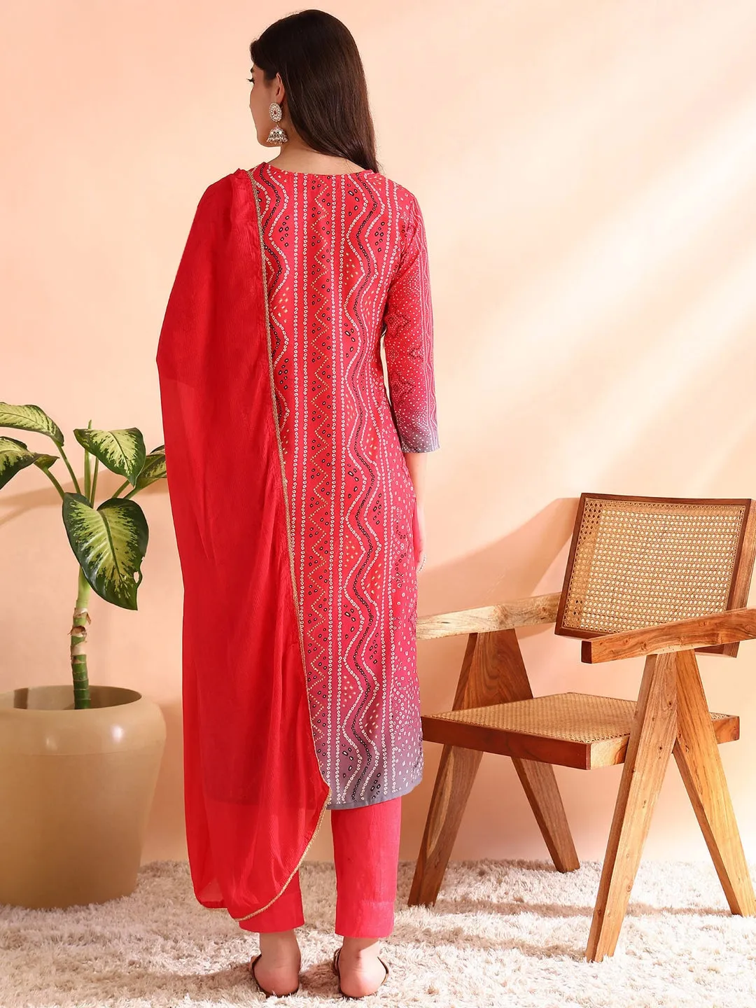 Women Red Silk Blend Bandhani Printed Straight Kurta Trousers With Dupatta