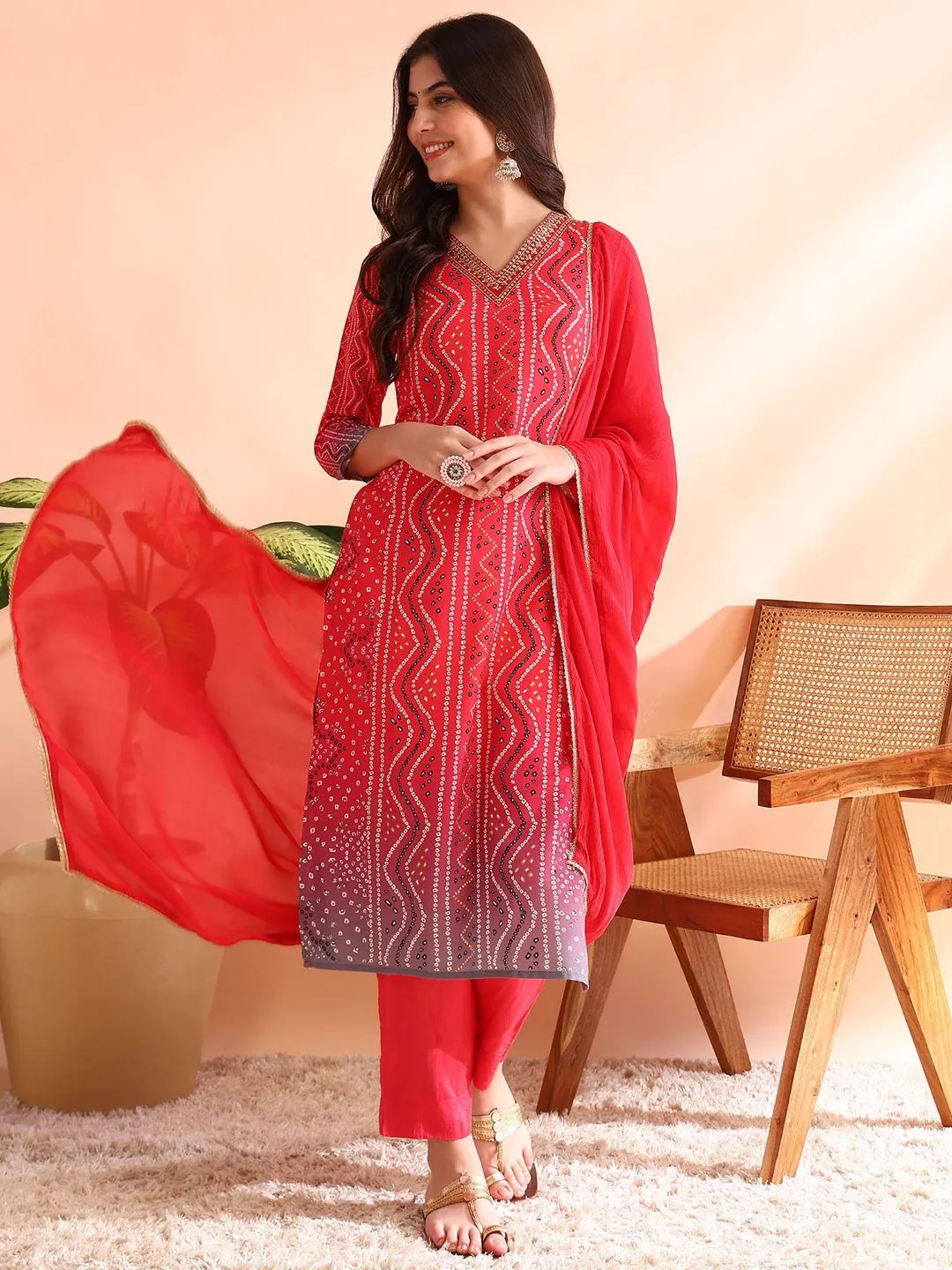 Women Red Silk Blend Bandhani Printed Straight Kurta Trousers With Dupatta