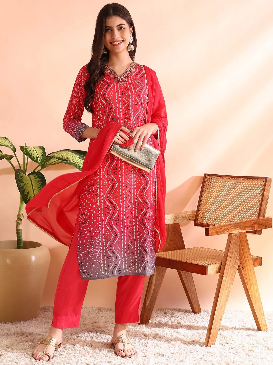 Women Red Silk Blend Bandhani Printed Straight Kurta Trousers With Dupatta