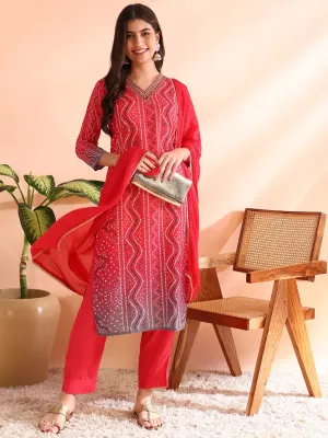 Women Red Silk Blend Bandhani Printed Straight Kurta Trousers With Dupatta