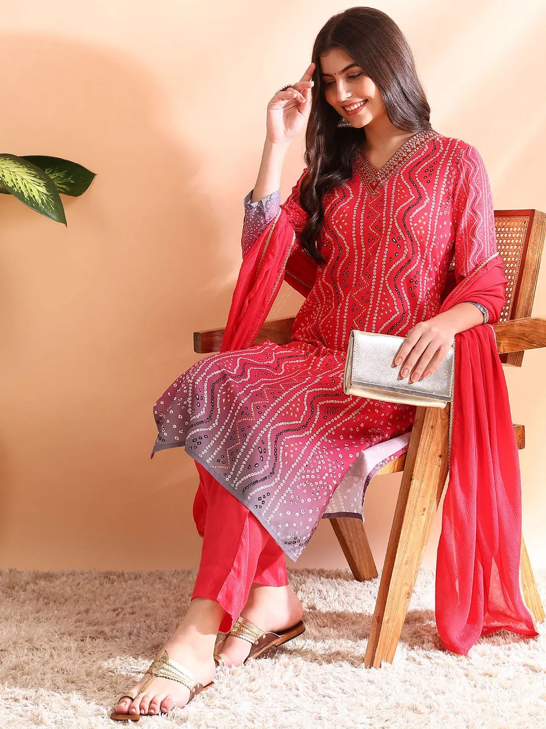 Women Red Silk Blend Bandhani Printed Straight Kurta Trousers With Dupatta