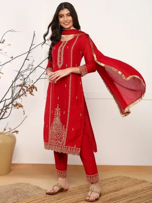 Women Red Silk Blend Solid Embroidered Straight Kurta Trouser With Dupatta