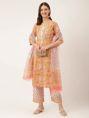 Yellow Hand Block Floral Print Cotton  Kurta, Trouser With Dupatta