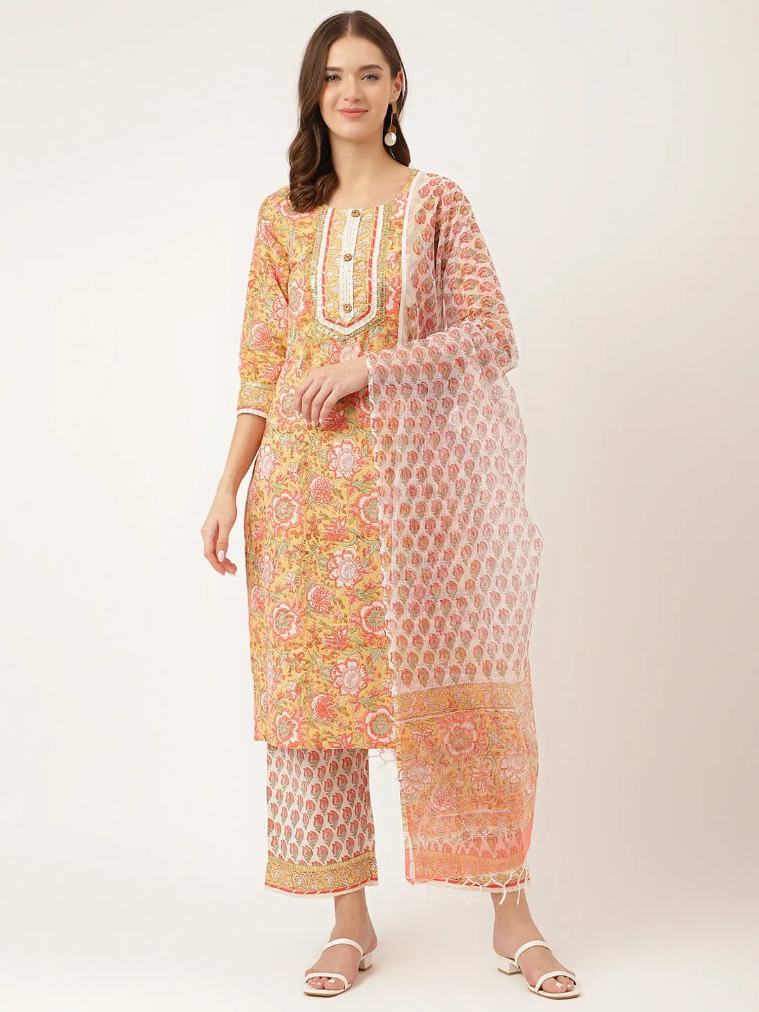 Yellow Hand Block Floral Print Cotton  Kurta, Trouser With Dupatta